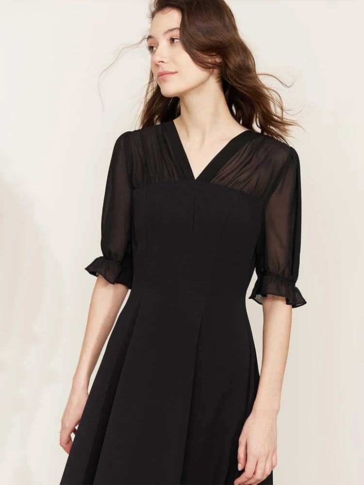 Women's Dress V Neck Puff Sleeves Black Solid Casual Vestido Chiffon Spring