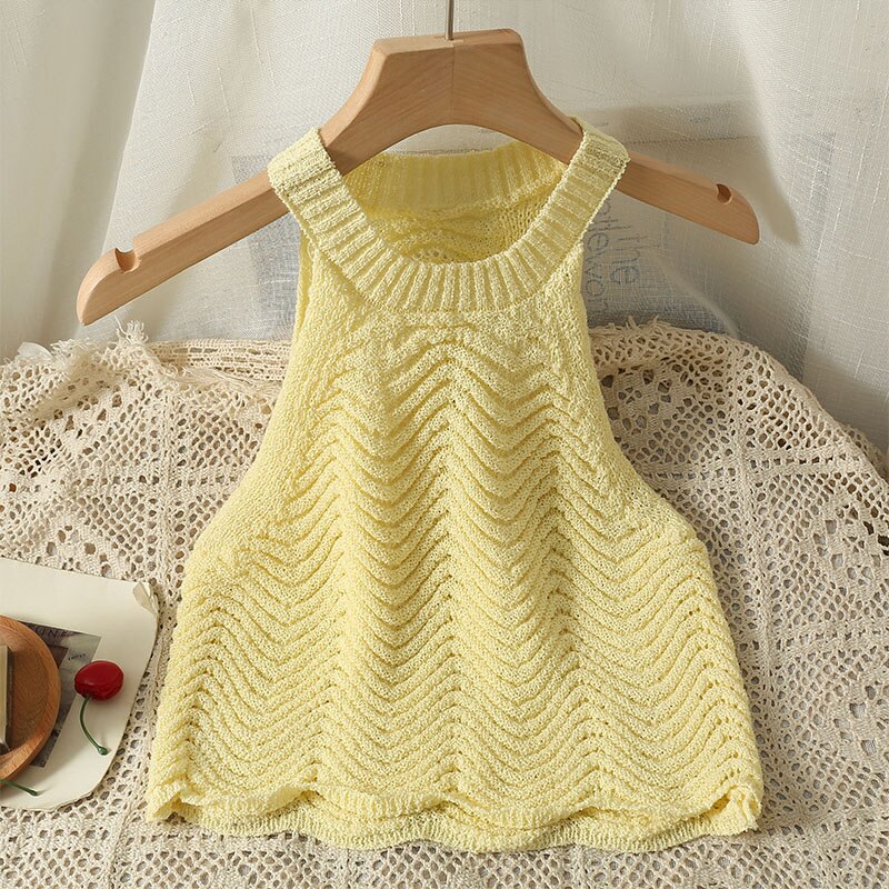 Retro Wavy Halter Knitted Suspender Vest Women Tanks Tops Korean Fashion KilyClothing