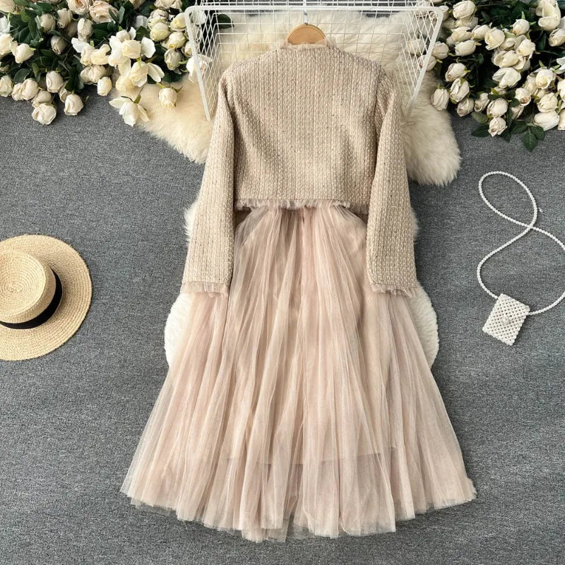 Spaghetti Strap Woolen Patchwork Mesh Tulles Midi Dress + Short Tweed Jacket Coat For Women 2 Pieces Set Outfits KilyClothing