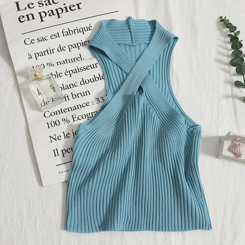 Sexy Crossed Off-shoulder Sleeveless Vest Women Tops Summer Solid Color Slim Elastic KilyClothing