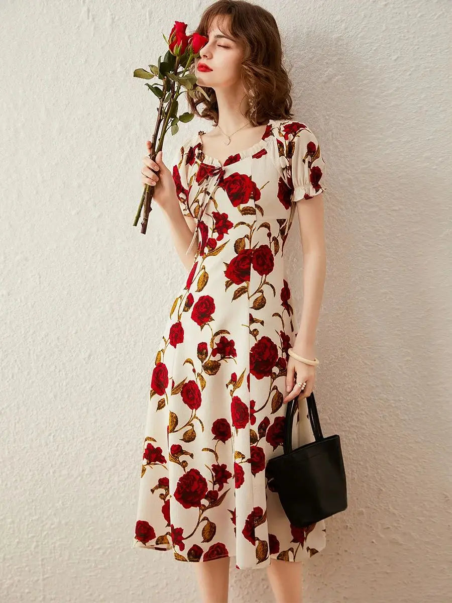 Women Dress French Style Square Neck Puff Short Sleeve Slim Fit Print Flower Retro Elegant Long Dress