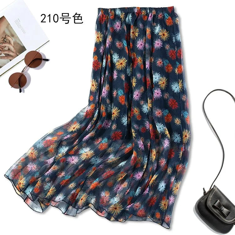 Women 100% Mulberry Silk Printed Skirt  Two-Layers Pleated Midi Skirt Summer Beach 20 colors JN098 KilyClothing