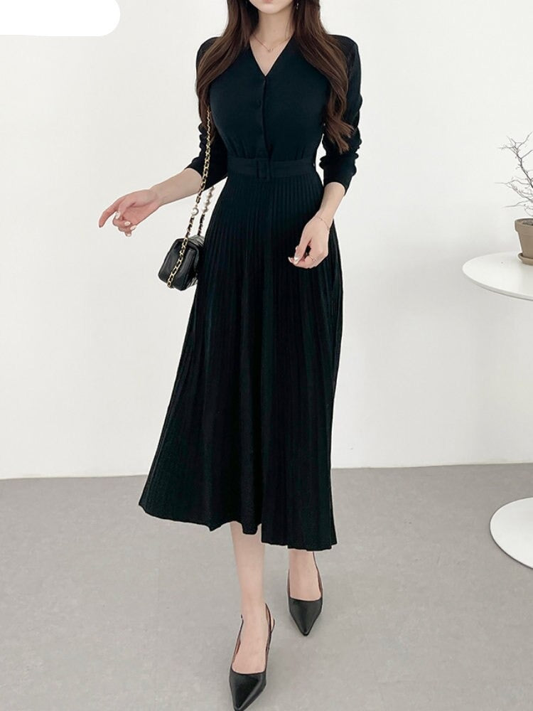 Hot Stretchy Women Knitted Sweater Pullover Dress  Basic Wear Lady Chic Korea Ruffles Knit Black Long Maxi Dress KilyClothing