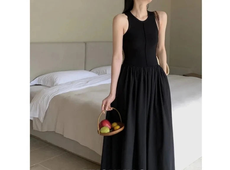 Women Sleeveless Vest Dress, Round Neck, Knitted Patchwork High Waist A-line Midi Dresses KilyClothing