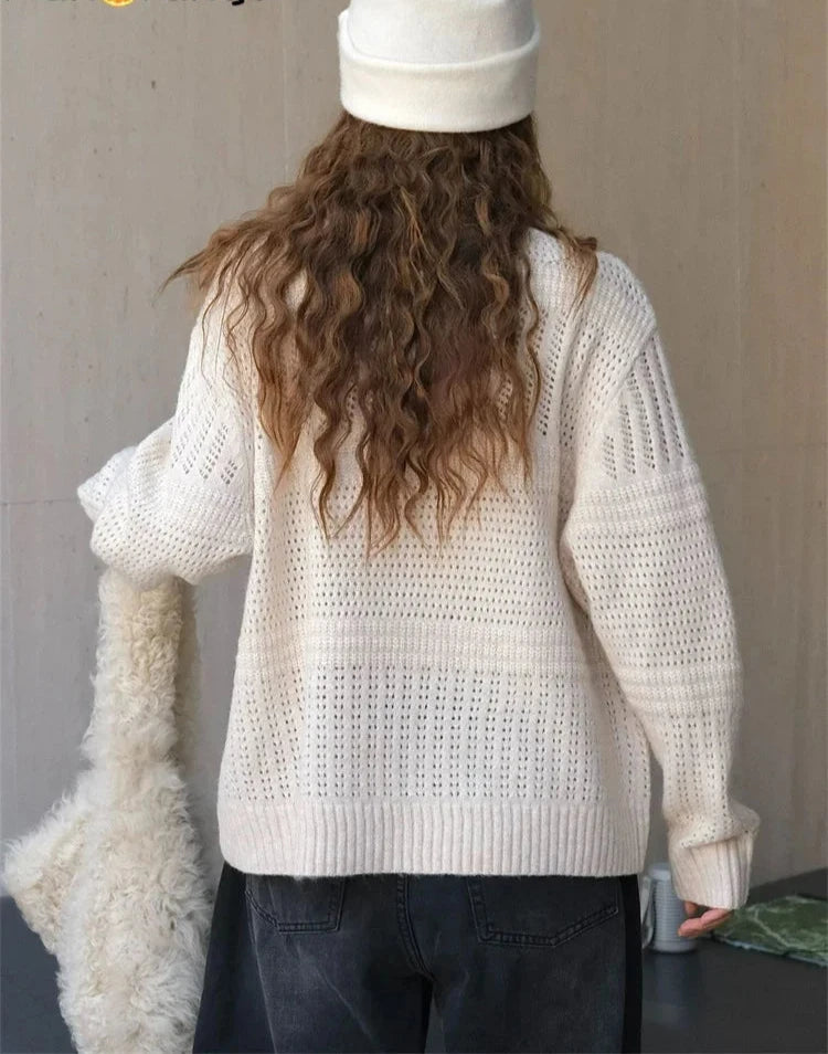 Lazy Hollow Woven Pullover Wool Knitted Sweater Women Soft Comfortable Knitting Top