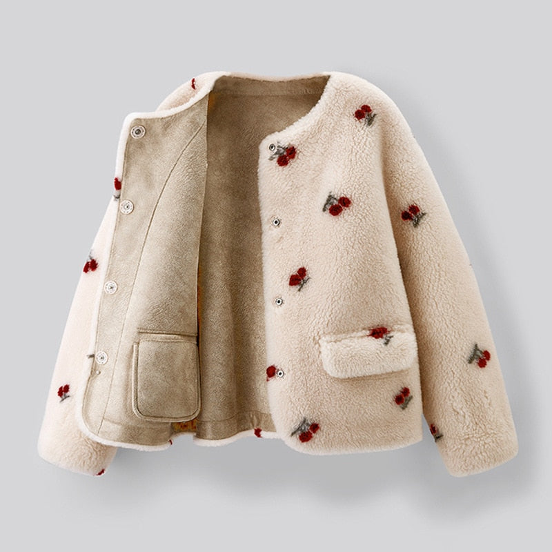 Sweet Cherry Small Fragrance Short Lamb Wool Plush Coat KilyClothing