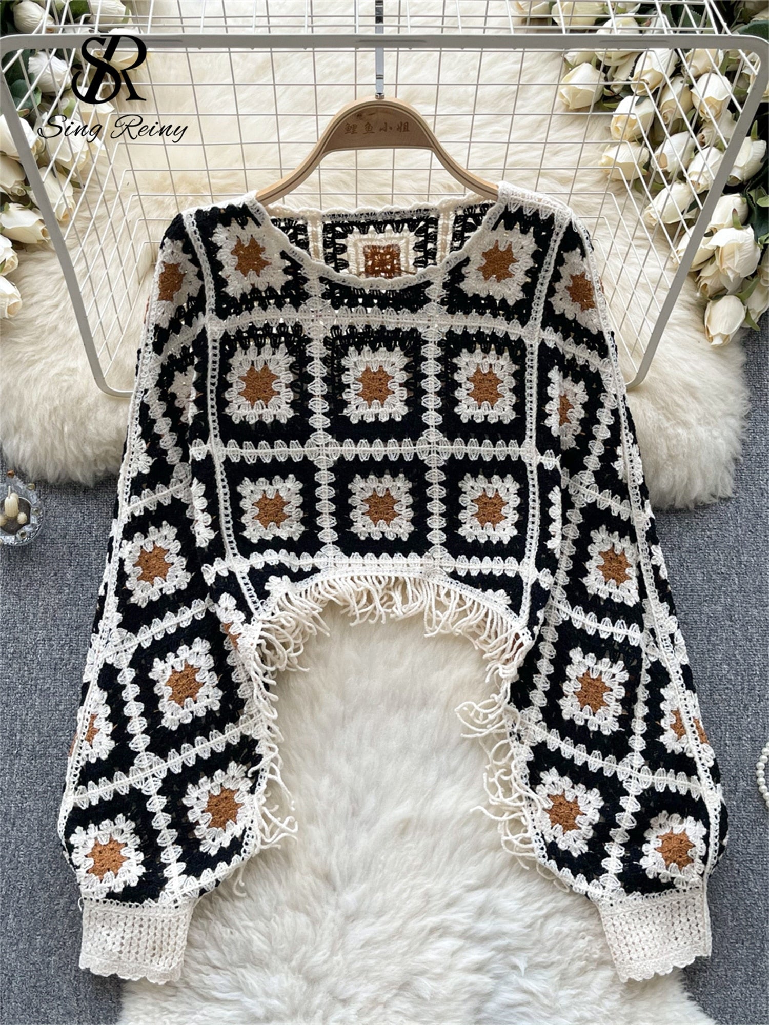 SINGREINY Autumn Women Knitting Top Hook Flower Hollow Long Sleeved Tassel Design O Neck Fashion Streetwear Casual Loose Blouse KilyClothing