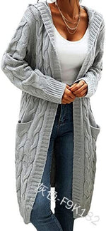 Sweater Mid-Length Women'S Overcoat Cardigan Solid Color Hooded Twisted Knitted KilyClothing