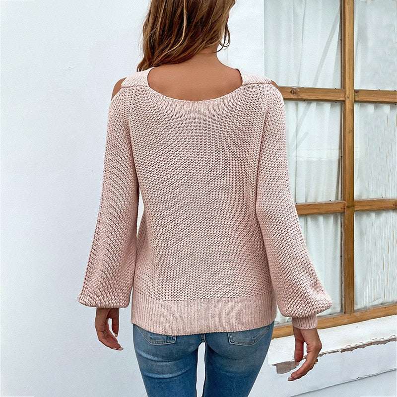 Sexy Fashion Cross Halter Solid Color Sweaters Long Sleeve Off Shoulder Jumpers KilyClothing