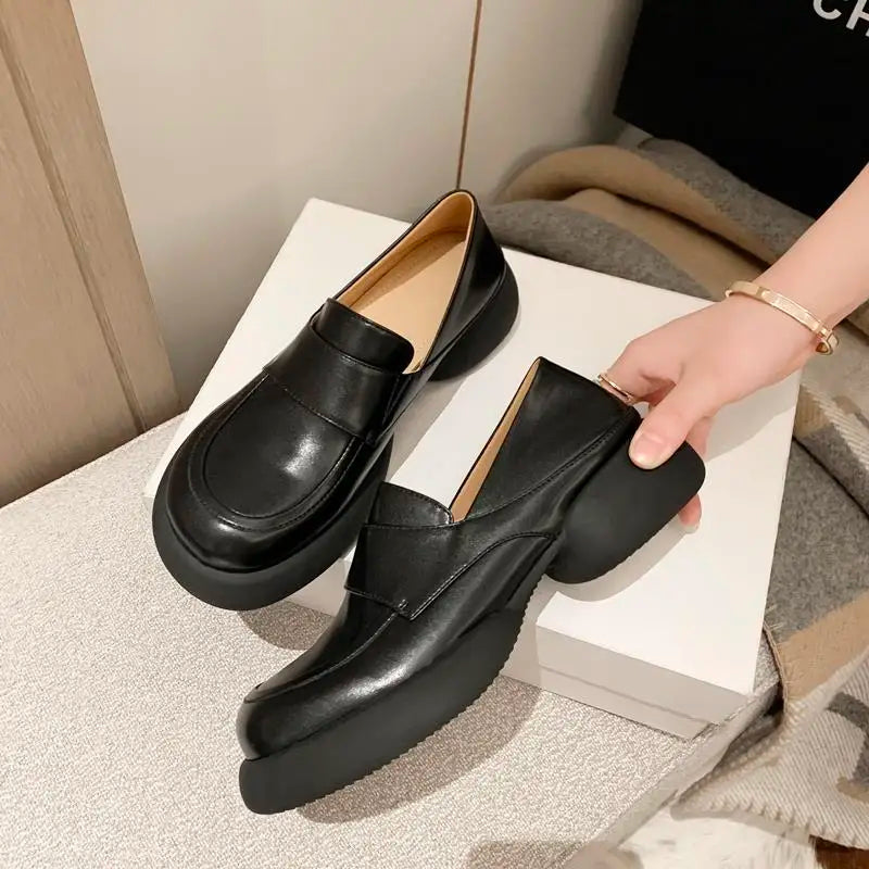 Size 34-40 Round Toe Real Genuine Leather Girls Women Heels Shoes Thick Bottom Platform Easy To Walk Fashion High Heel Shoes KilyClothing