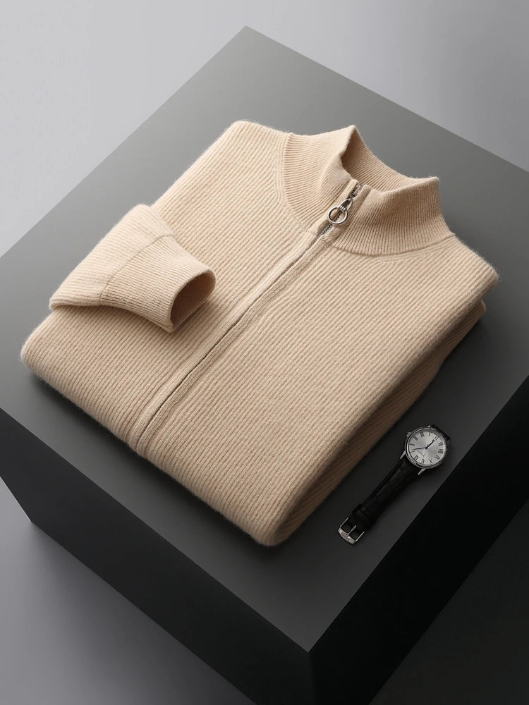 100% Pure Wool Men's Stand Collar Thickened Cardigan Autumn and Winter New Cashmere Sweater Casual Knitted Large Size Tops KilyClothing