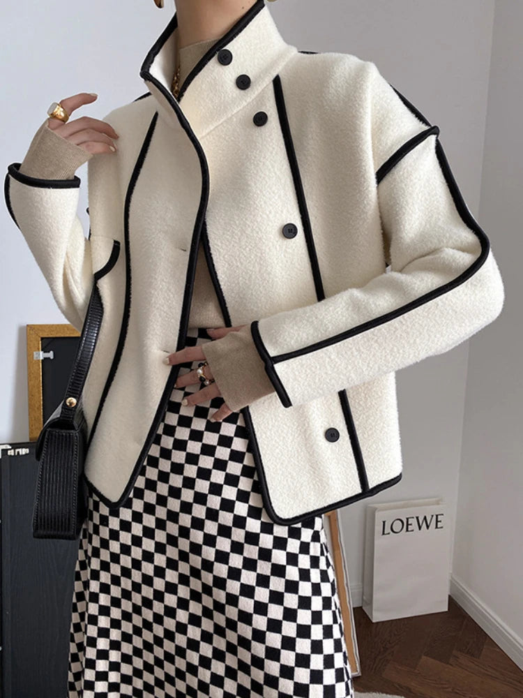 Fashion Coats for Women, Loose Standing Collar Solid Short Jacket Contrast Color Design White Black Outerwear