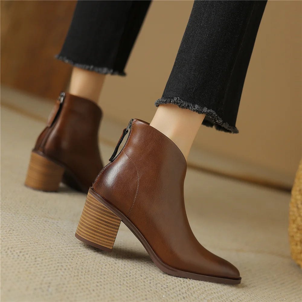 Basic Retro Women Ankle Boots Genuine Leather Autumn Winter Thick High Heels Pointed Toe Shoes Woman Office Lady Mature