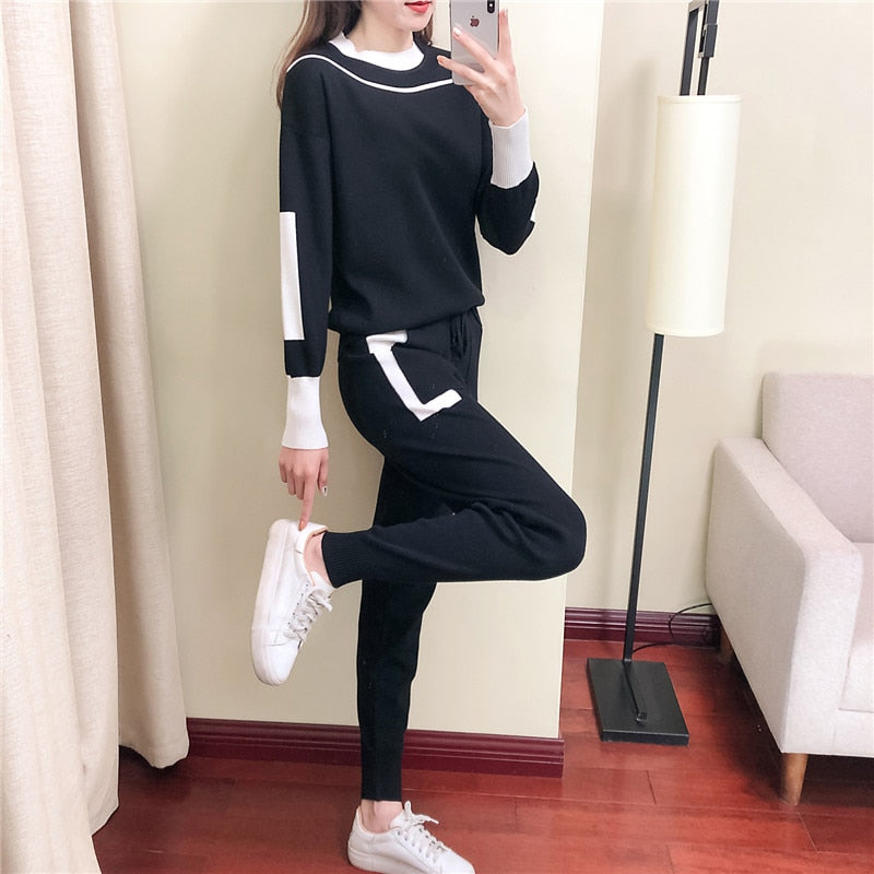 2 Pieces Set Knitted Long Sleeve Pullovers Sweater Casual Patchwork Fashion Women Tops and Pants KilyClothing