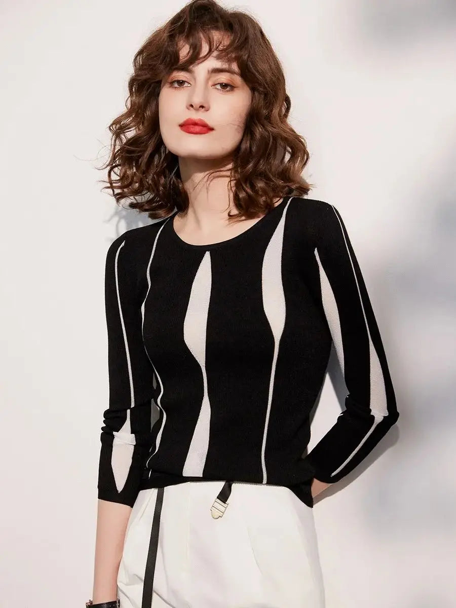 Camiseta de mujer, casual urbano con colores en contraste, elegante cuello redondo, manga larga, prendas de punto ajustadas