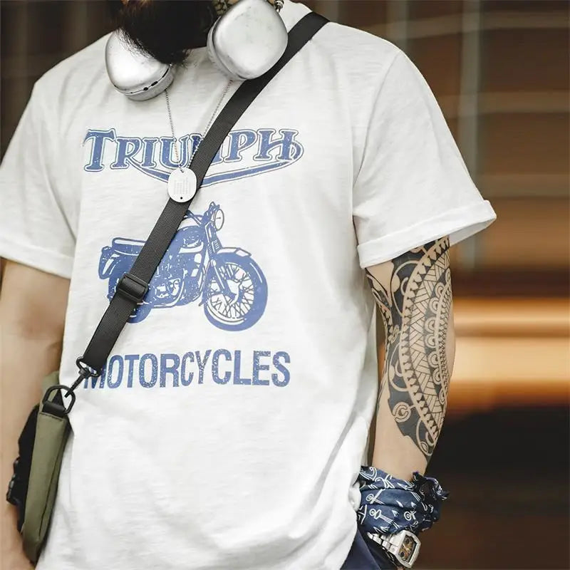 Retro Camiseta con cuello redondo fino y manga corta con estampado de grafiti de motocicleta
