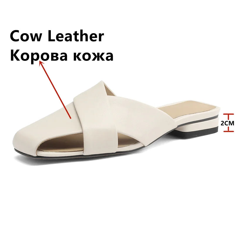 Low Heels Concise Slippers Genuine Leather Comfortable Shoes Woman Fashion Hollow Square Toe Mules Casual Party Office KilyClothing