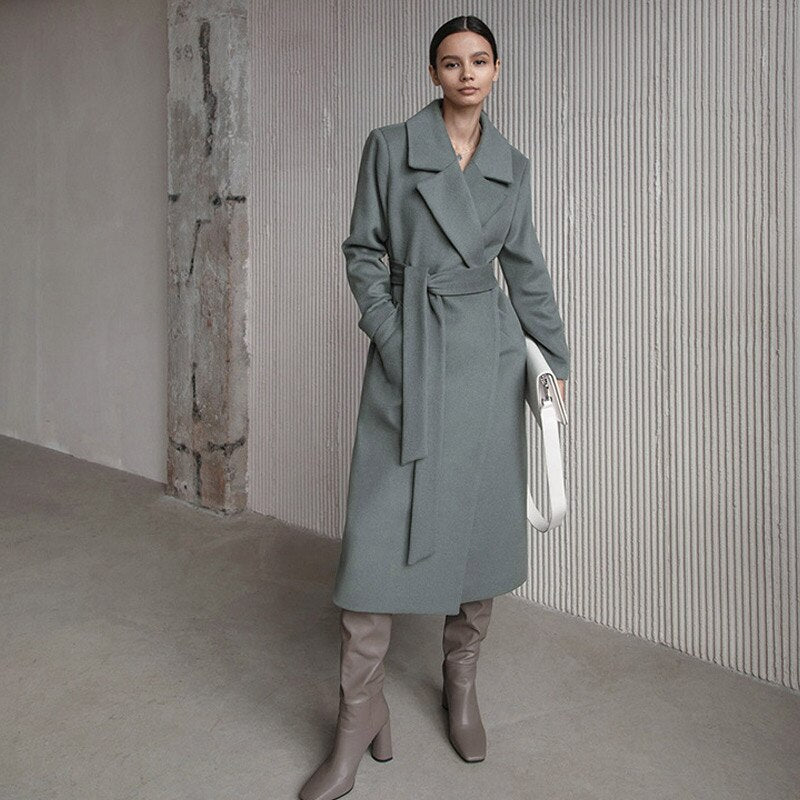 Long Woolen Coat With Waistband Lapels All-match Thick KilyClothing