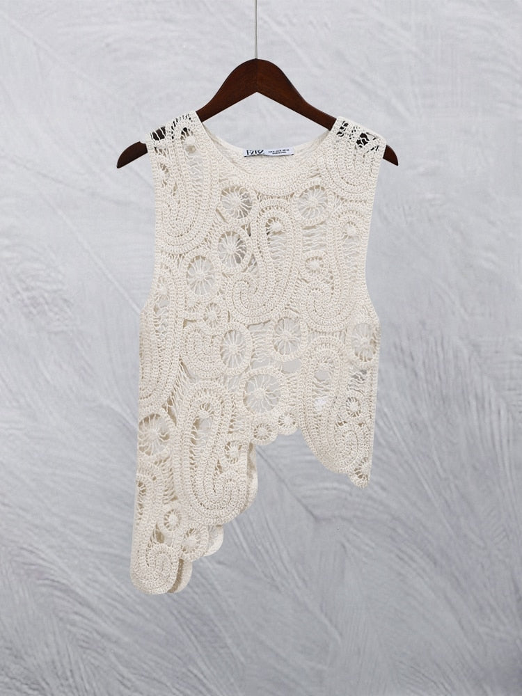 Crochet Knitted Asymmetric Women's Dress Set Chic O-neck Sleeveless Top Short Lining Skirt Suit KilyClothing