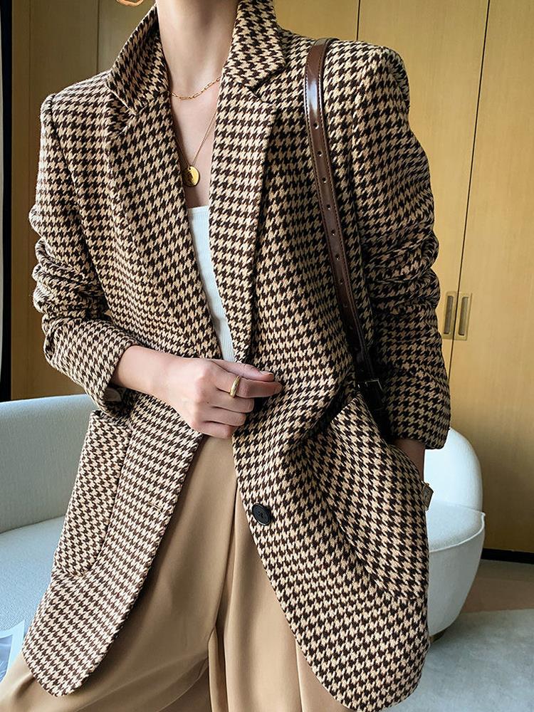 Vintage Houndstooth Woolen Blazer Jackets Fashion Elegant Casual Outerwear Coat With Belt KilyClothing