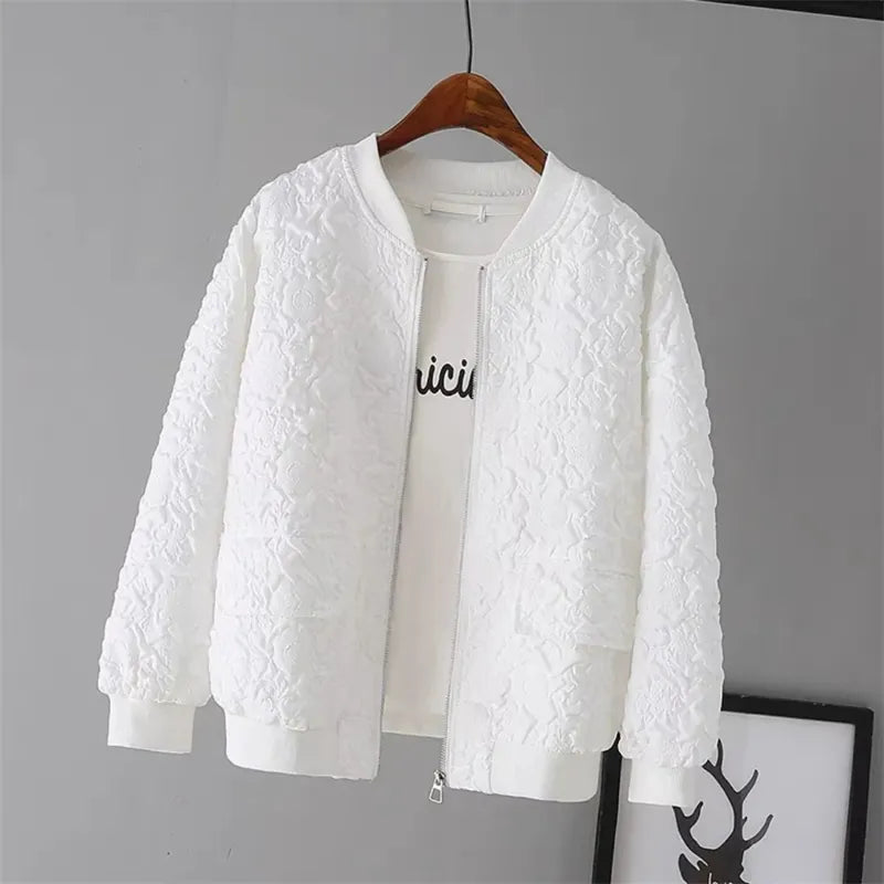 Solid Color Ladies Short Baseball Jacket, Korean Spring Casual White Jacket Top Female Cardigan Zipper Jackets Fashion KilyClothing