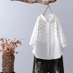 Cotton Yarn White Shirts Girls Cute Embroidery Tops Pointed Collar Button 3/4 Sleeve Loose Blouse KilyClothing