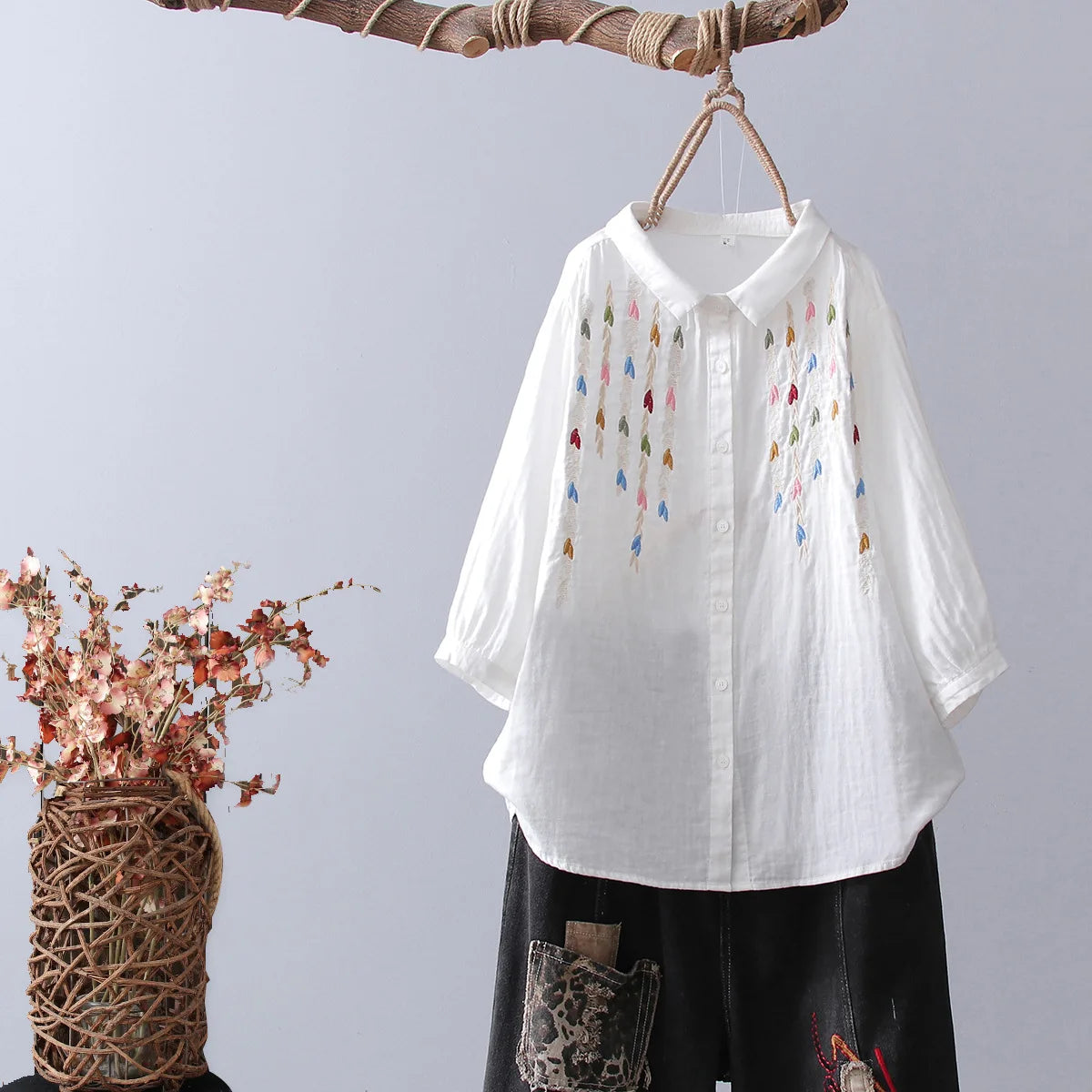 Cotton Yarn White Shirts Girls Cute Embroidery Tops Pointed Collar Button 3/4 Sleeve Loose Blouse KilyClothing