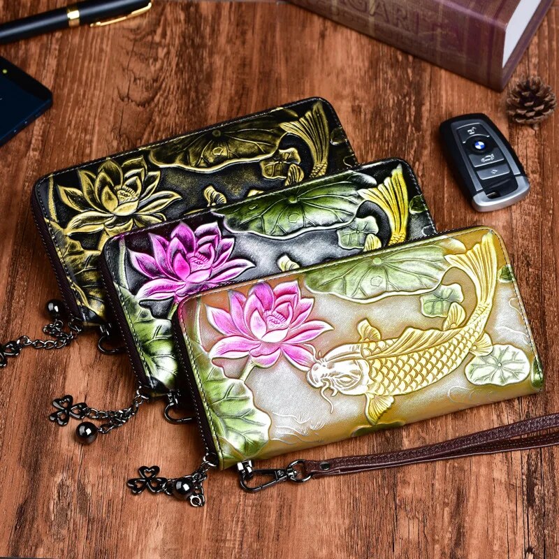 New Genuine  Embossed Leather Women Long Wallet Floral Fish Pattern Handy Bag Chinese Style Clutch Zipper Bag Female Wrist Purse KilyClothing