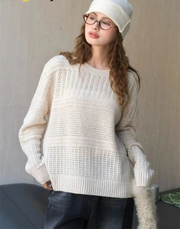 Lazy Hollow Woven Pullover Wool Knitted Sweater Women Soft Comfortable Knitting Top