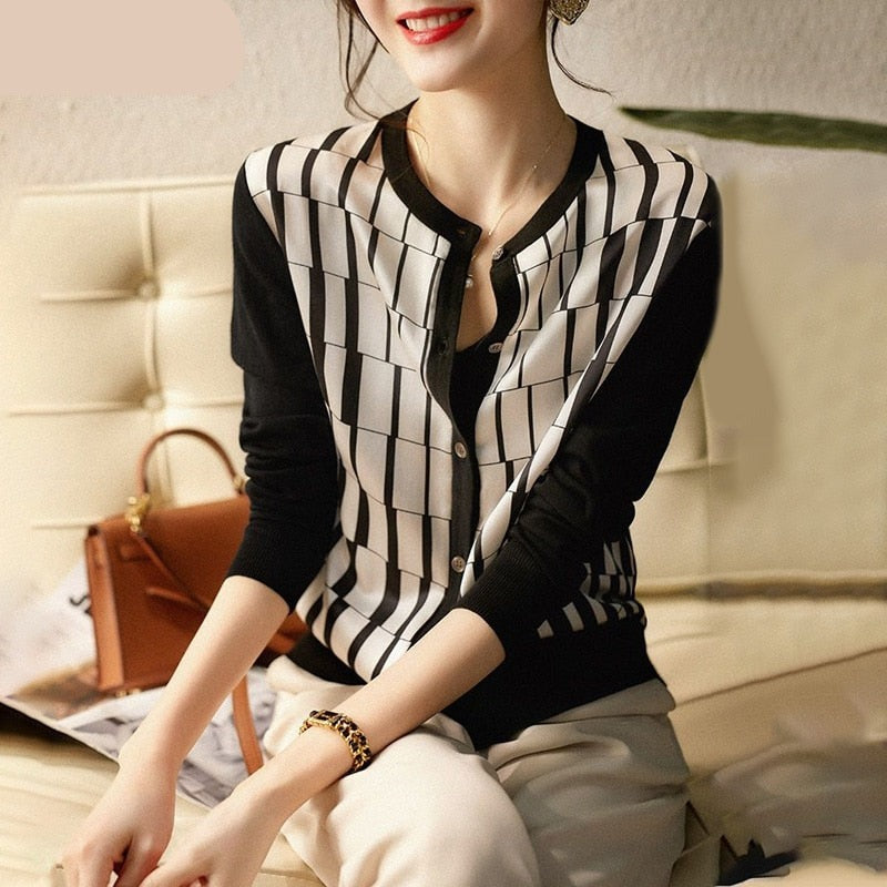 Black White Lattice O-Neck Spliced Cardigan Ice Silk Knitting Single Breaste Slim Sweaters KilyClothing