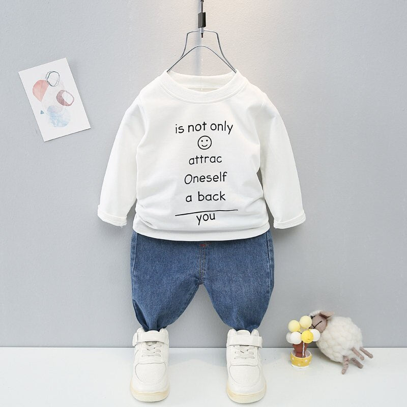 Boys Girls Kids Patchwork Coat Smile T-shirt Pants Jeans 3Pcs/Sets KilyClothing