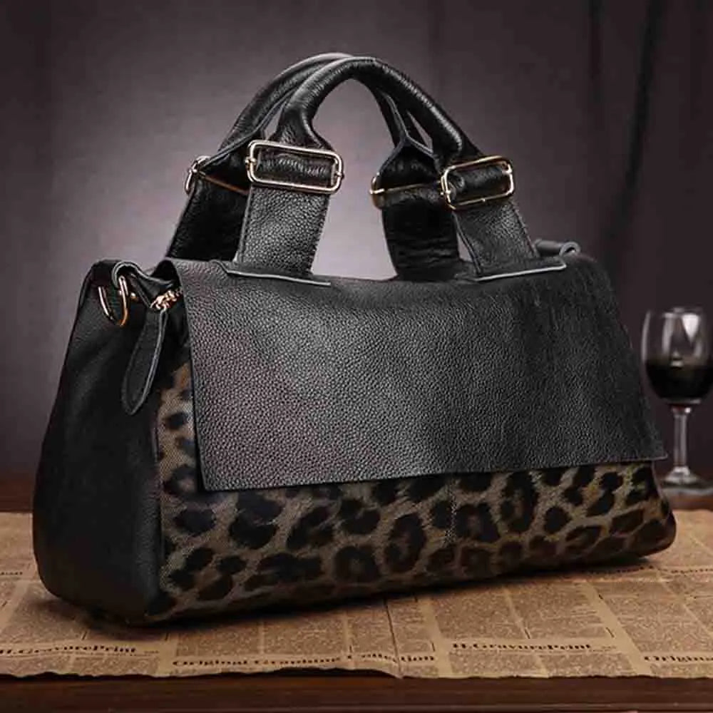 Cow Leather Leopard Print Bag for Women, Handbag Luxury Designer Natural Leather Tote Shoulder Lady Purses KilyClothing