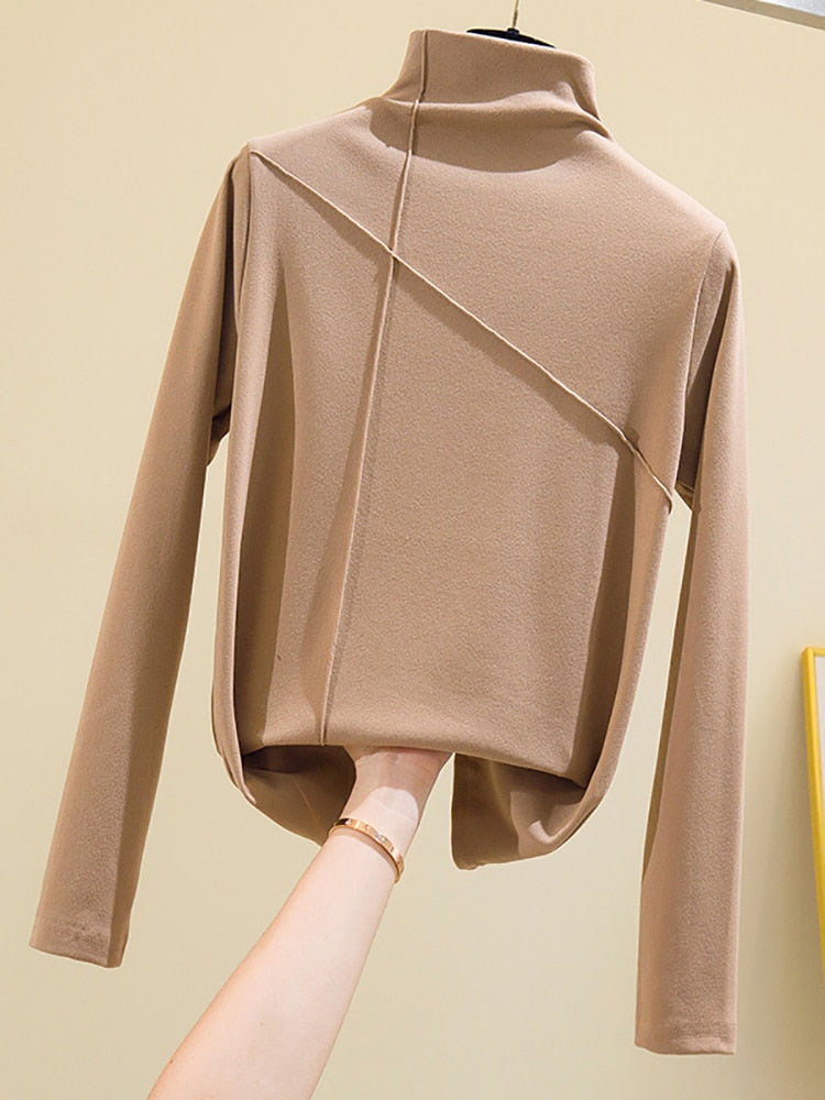 Cotton Long Sleeve Thick T Shirt Women Winter Tops Turtleneck Warm KilyClothing