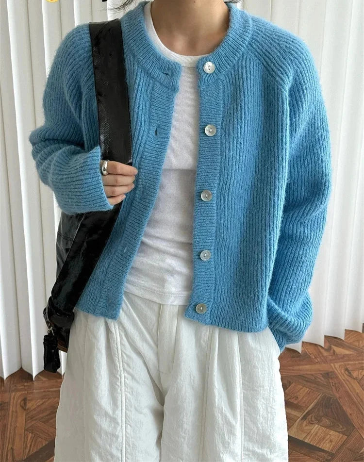 Lazy O-neck Wool Knitted Cardigan Women Fluffy Soft Warm Comfortable Sweater Top Blue/Coffee