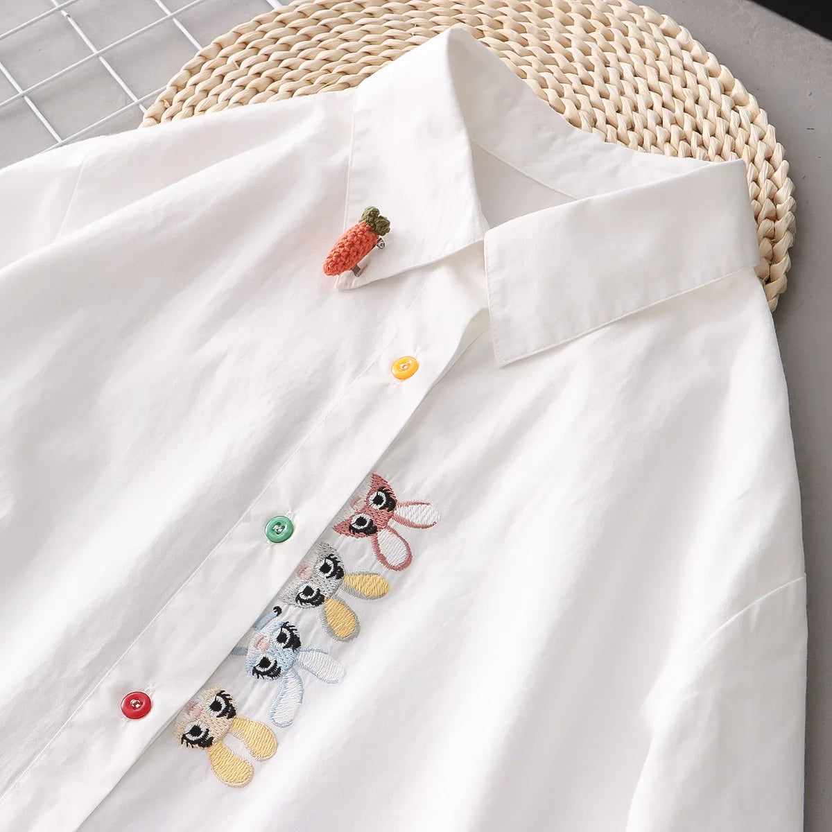 Cotton White Shirts for woman, Cute Embroidery, Rabbit Tops, Turn Down Collar, Button Long Sleeve Straight Blouse KilyClothing