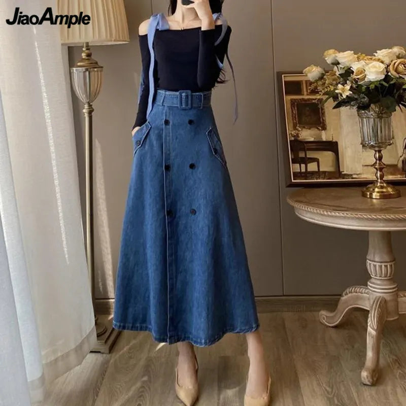 French Vintage Bowknot Slash Neck T Shirt Denim A-Line Skirts 2 Piece Set Korean Lady Fashion Slim Black Top Split Skirt Outfits KilyClothing