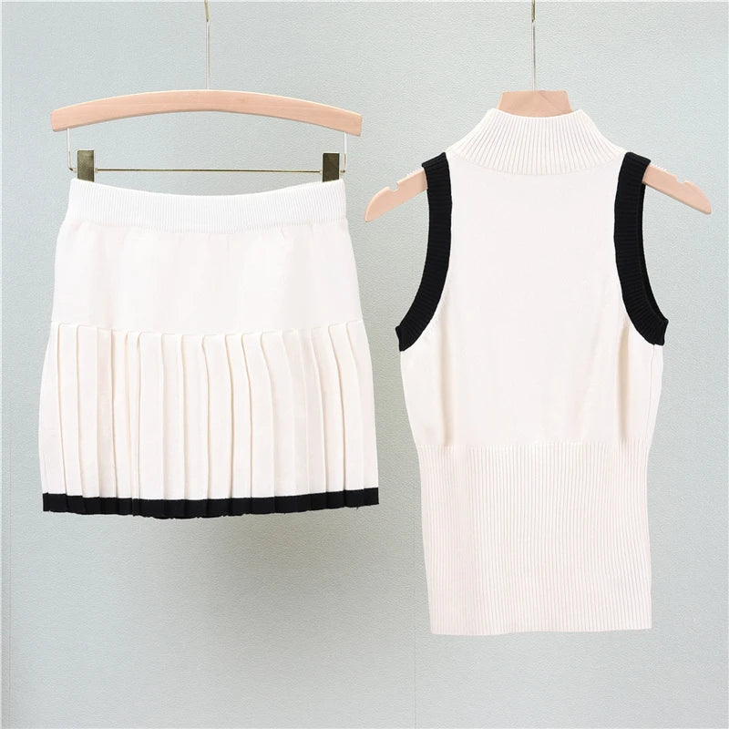 Autumn Temperament Set Slim Fit Versatile Color Matching Small High Neck Sleeveless Knit Tank Top+Pleated Short Skirt