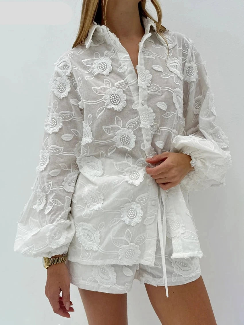 Conjuntos de 2 piezas de algodón blanco para mujer, camisa elegante de manga larga con pantalones cortos de cintura alta, ropa de calle femenina