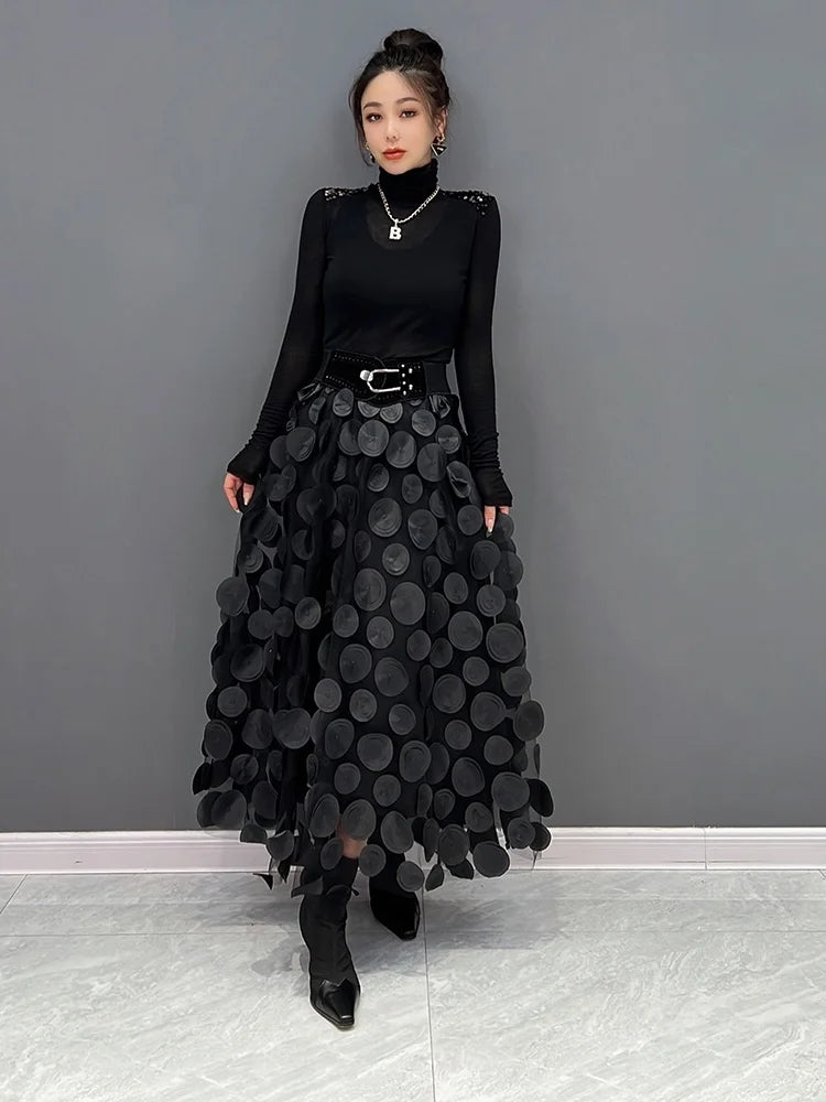 Polka Dot Women Skirt Black, Korean Fashion Trend Patchwork Mesh Skirt Streetwear Dress KilyClothing