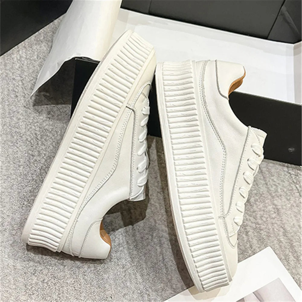 High Platforms Genuine Leather Shoes For Women Round Toe Cross-tied Casual Shoes Woman Sneakers