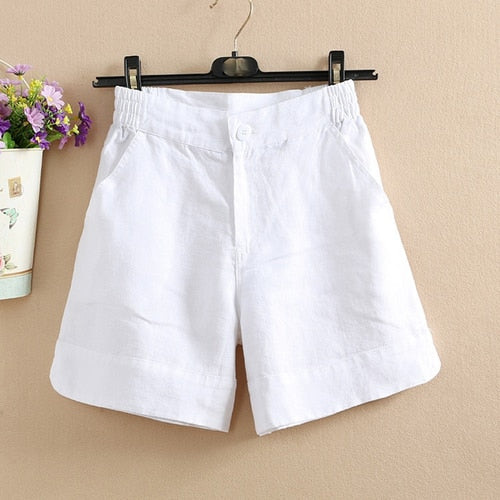 Loose Shorts Cotton Linen Solid Color Wide Leg High Waisted KilyClothing