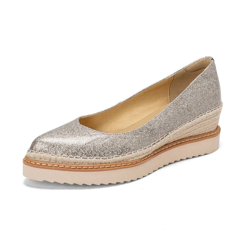 Bling Sequin Cloth Natural Leather Round Toe Thick Bottom Platform Leisure Fashion Slip on Espadrilles Women Pumps KilyClothing