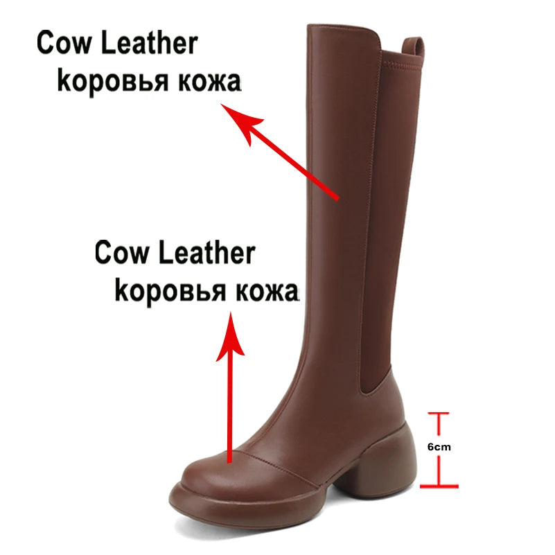 Meotina Women Genuine Leather Knee High Boots Round Toe Platform Chunky High Heels Zipper Long Boots Ladies Shoes Autumn Winter KilyClothing