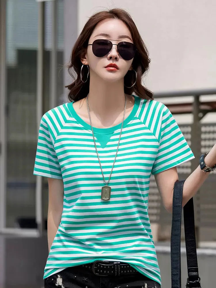 Camiseta de algodón a rayas para mujer, cuello redondo, manga corta, holgada, clásica, Color de contraste, moda informal de verano