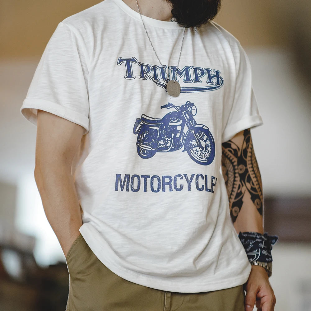 Retro Camiseta con cuello redondo fino y manga corta con estampado de grafiti de motocicleta