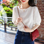 Embroidery Cotton Lace O-neck Casual Blouses= Korean  Sleeve Loose KilyClothing