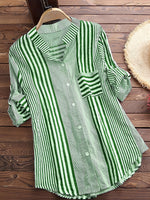 Cotton Linen Long Sleeves Roll Up Striped Casual V Neck Button Down Shirts Blouses Collar Tunic Tops KilyClothing