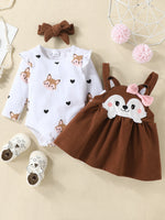 Cute Squirrel Print Long Sleeves Romper and Suspender Skirt Headband Fall Outfits KilyClothing