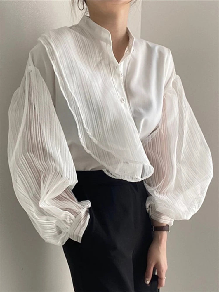 Patchwork Tulle Transparent Korean Fashion Spring Summer Blouses Chic Shirts Retro Elegant Lady Tops KilyClothing