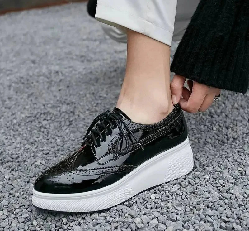 British Style Brogue Women Shoes Lace Up Genuine Leather,  High Bottom Sneakers Vulcanized Shoes Handmade